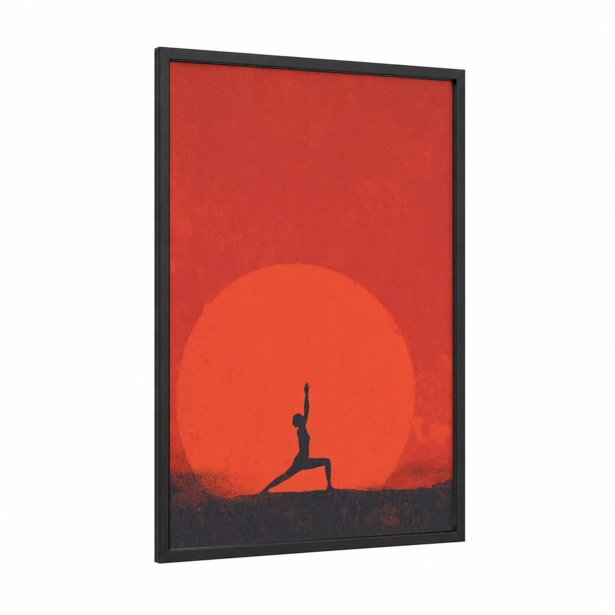 Sunset Yoga Pose framed fitness yoga print — black wood frame — red and orange palette