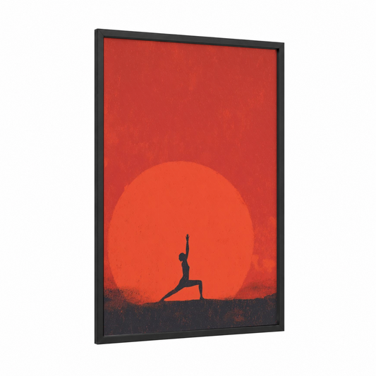 Sunset Yoga Pose framed fitness yoga print — black wood frame — red and orange palette