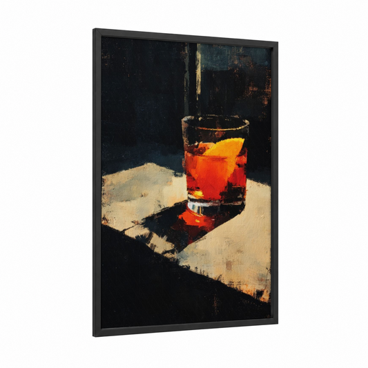 Amber Cocktail framed art print — black wood frame — gold and black palette