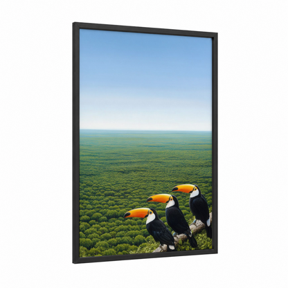 Jungle Toucans Trio framed art print — black wood frame — blue and green palette