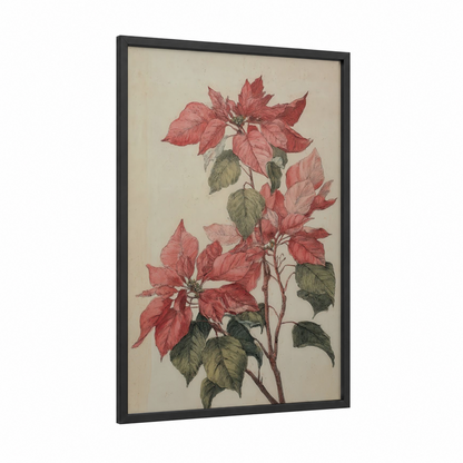 Festive Poinsettias framed art print — black wood frame — red and sage green palette