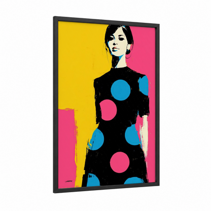 Pop Art Elegance framed fashion illustration print — black wood frame — magenta and blue palette
