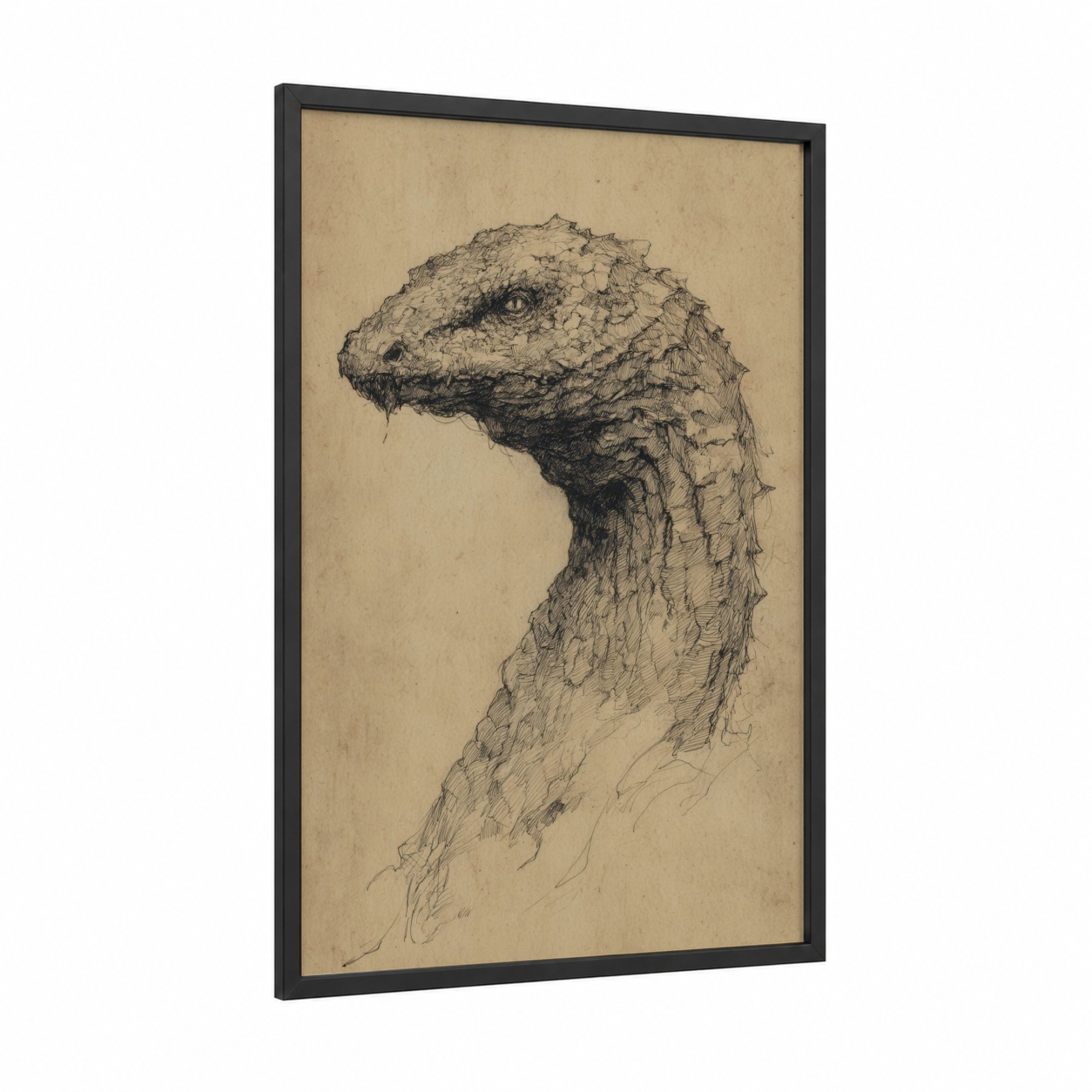 Loch Ness Profile framed loch ness monster print — black wood frame — black and white and beige palette