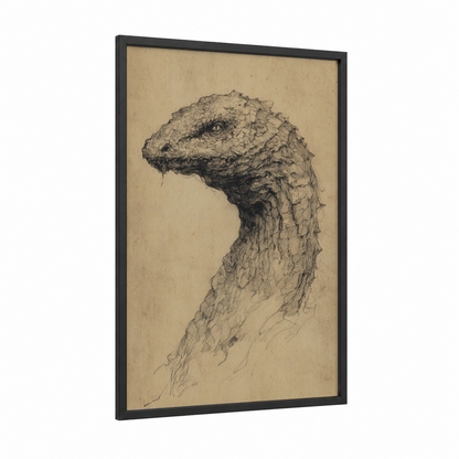 Loch Ness Profile framed loch ness monster print — black wood frame — black and white and beige palette