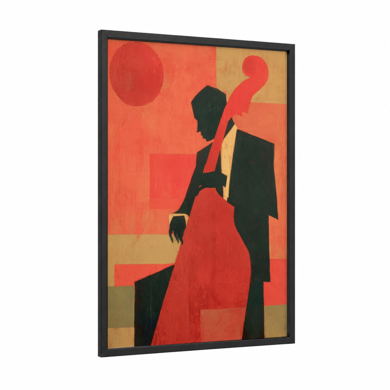 Jazz Cellist framed bass guitar print — black wood frame — red and gold palette