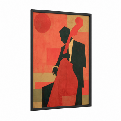 Jazz Cellist framed bass guitar print — black wood frame — red and gold palette