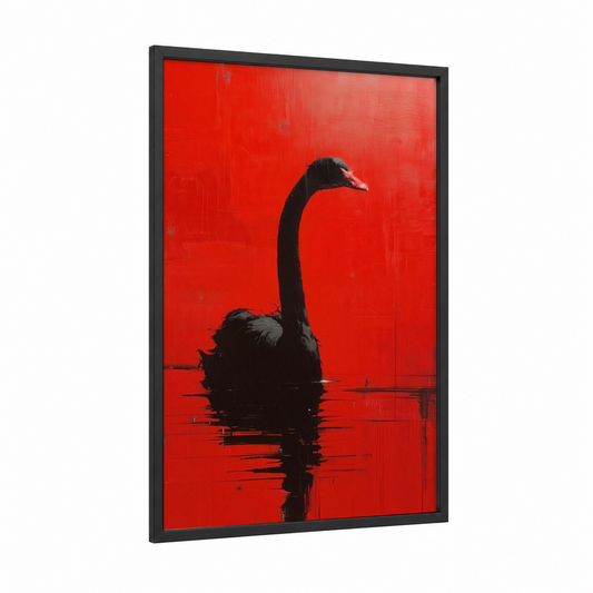 Crimson Swan framed art print — black wood frame — red and black palette