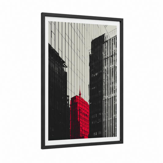 Crimson Skyscraper framed abstract architecture print — black wood frame — red and black and white palette