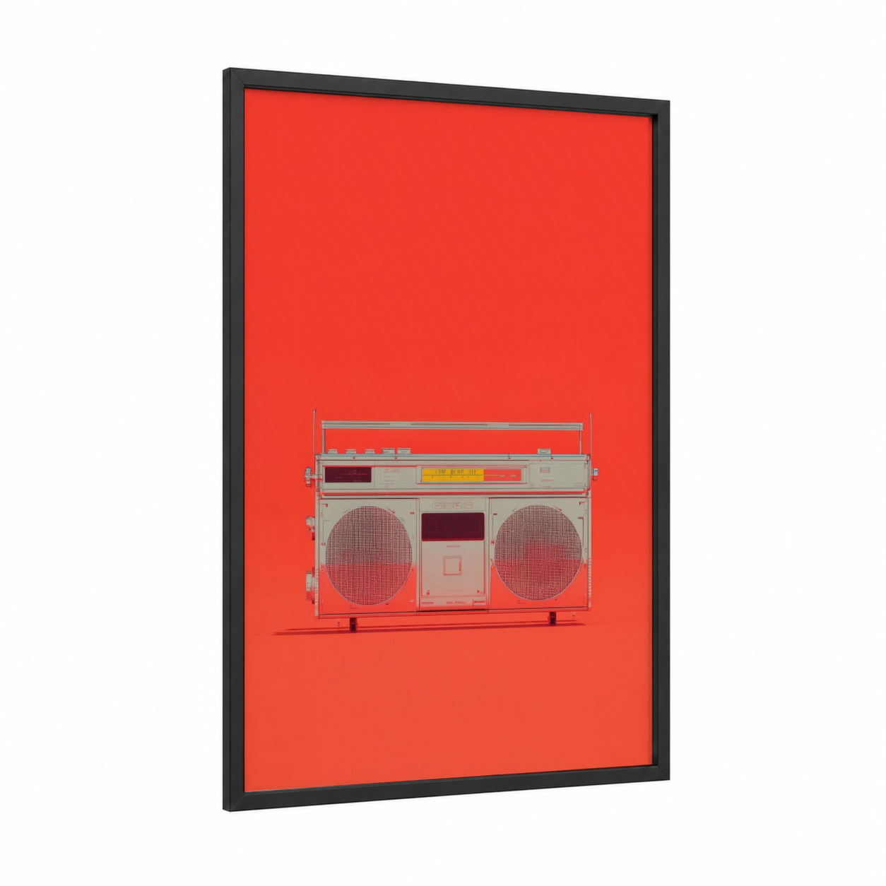 Neon Boombox framed art print — black wood frame — red and peach palette