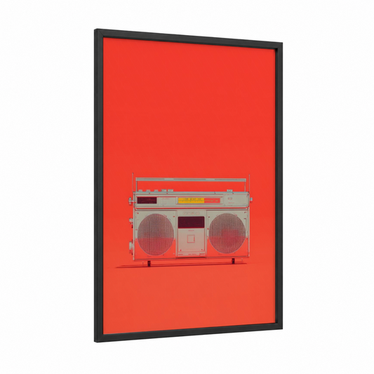 Neon Boombox framed art print — black wood frame — red and peach palette