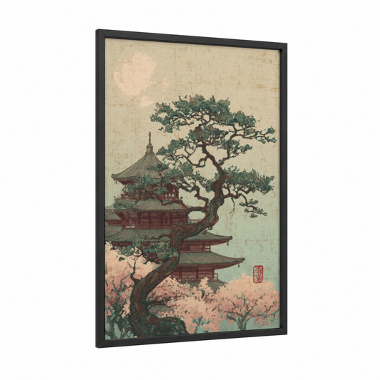 Temple Bonsai framed bonsai tree print — black wood frame — cream and dark green palette