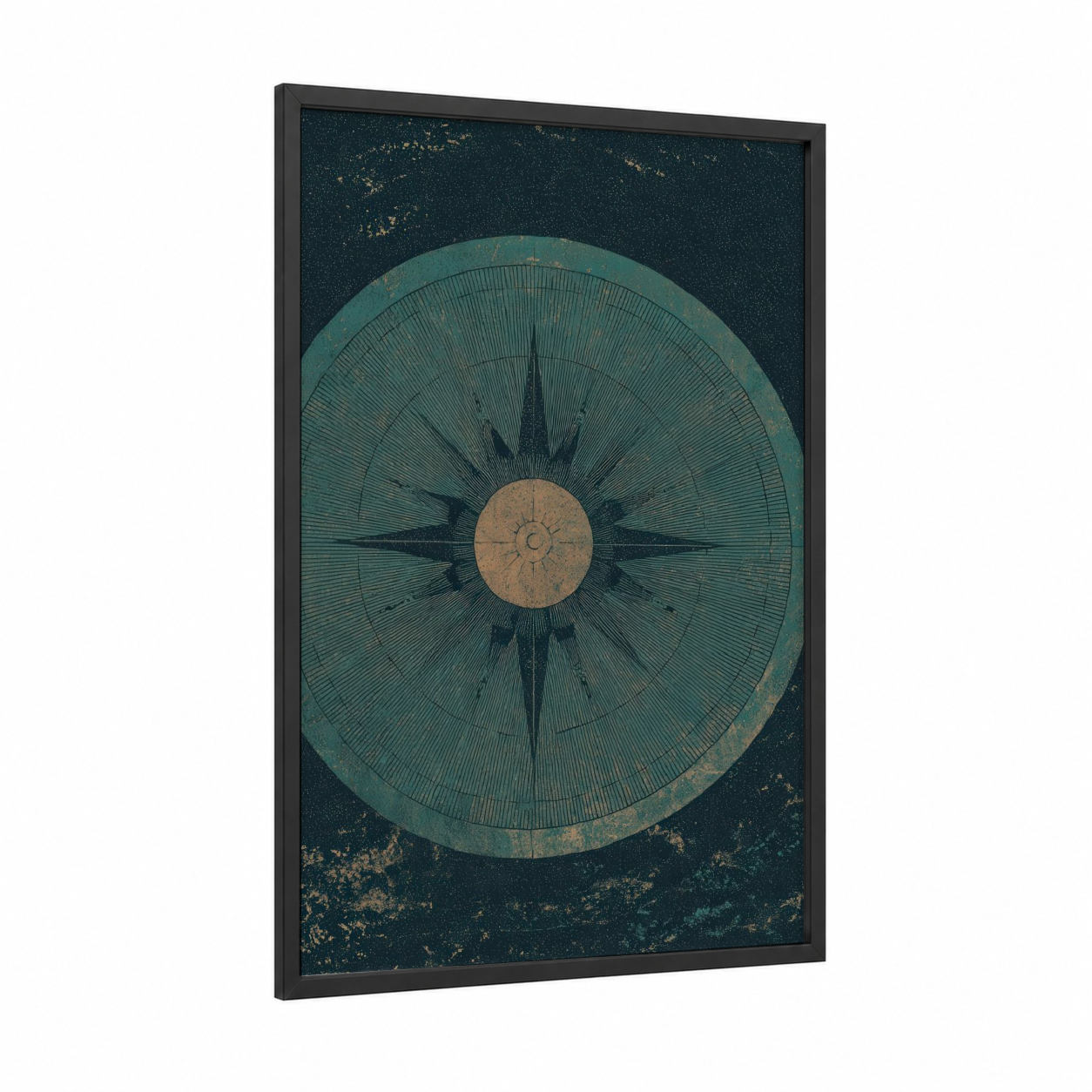 Vintage Compass framed art print — black wood frame — teal and gold palette