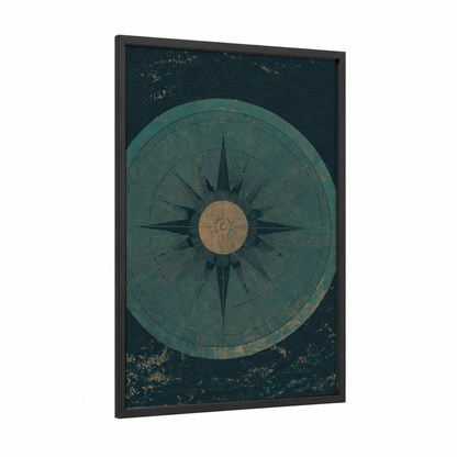 Vintage Compass framed art print — black wood frame — teal and gold palette