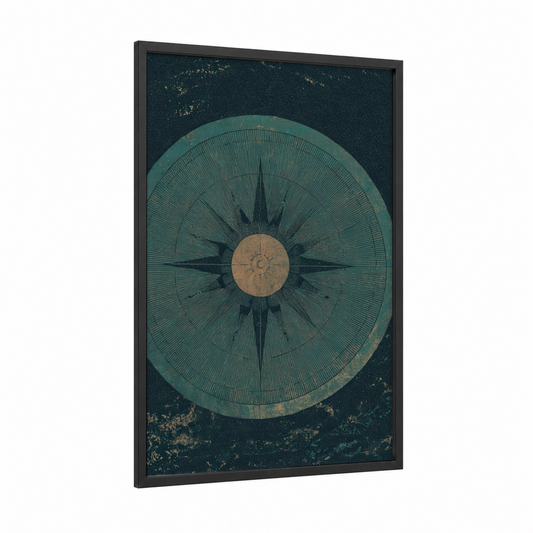 Vintage Compass framed art print — black wood frame — teal and gold palette