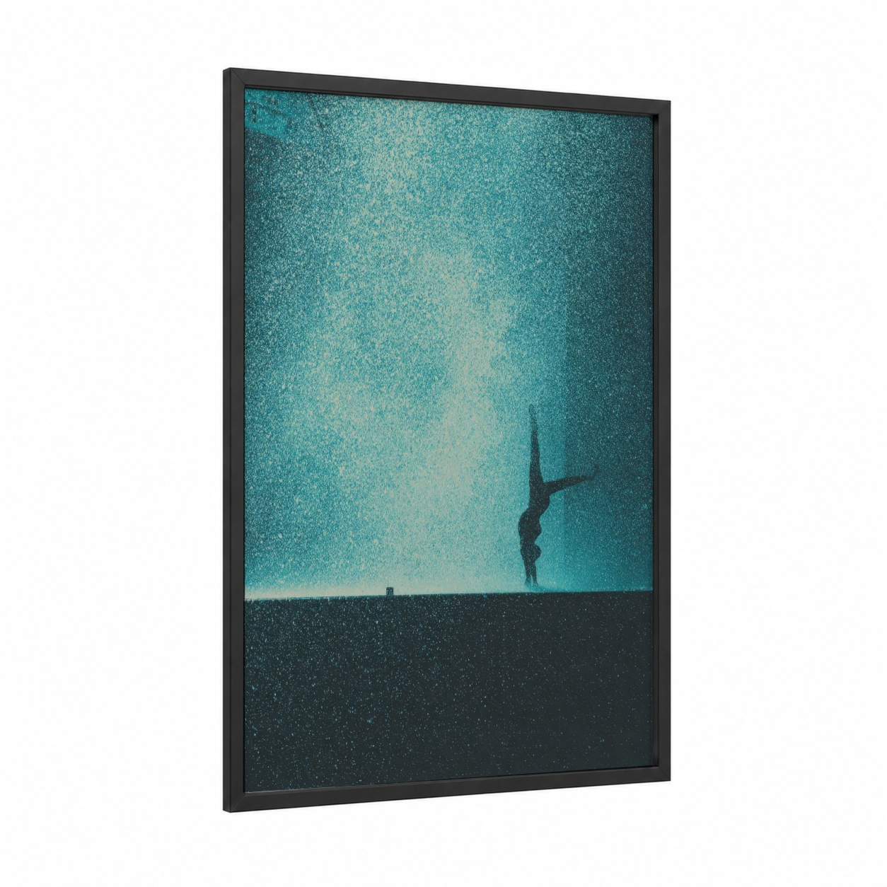 Urban Handstand framed parkour print — black wood frame — turquoise and black palette