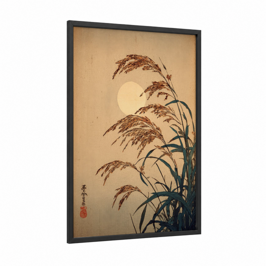Moonlit Grain framed art print — black wood frame — cream and dark green palette