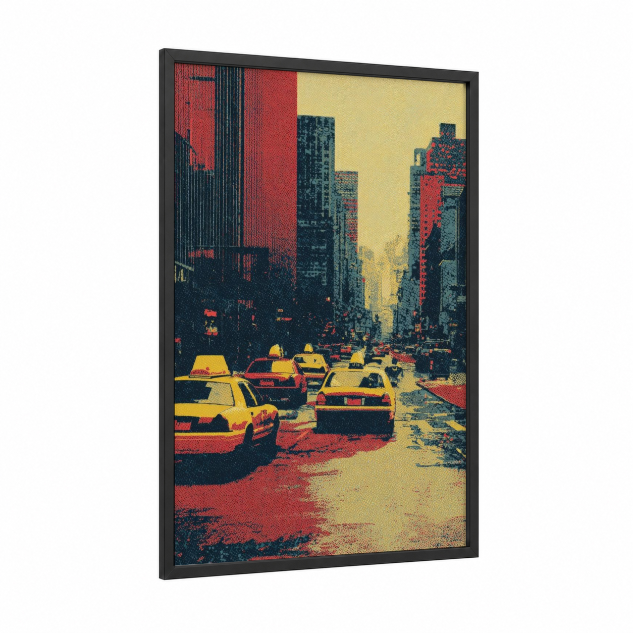Yellow Taxi Street framed taxi cab print — black wood frame — yellow gold and red palette