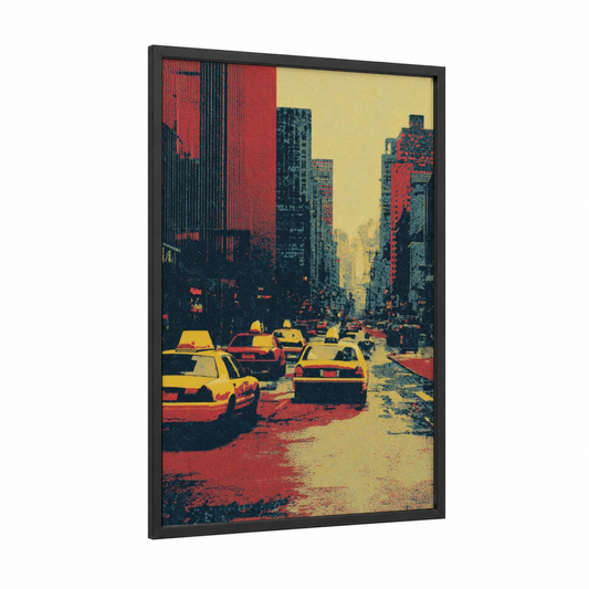 Yellow Taxi Street framed taxi cab print — black wood frame — yellow gold and red palette