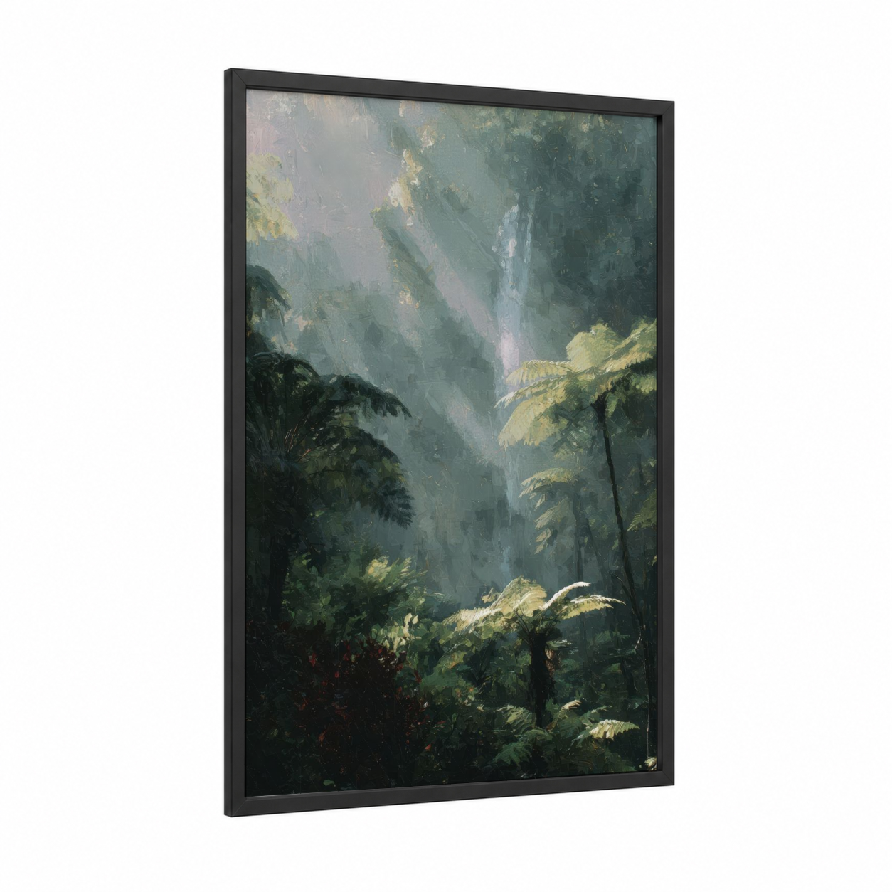 Misty Jungle Canyon framed tropical trees print — black wood frame — dark green and gray palette
