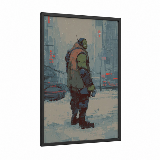 Urban Orc Warrior framed art print — black wood frame — sage green and dove gray palette