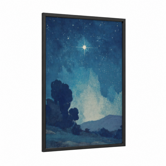 Bethlehem Star framed christian symbols print — black wood frame — blue and white and gold palette