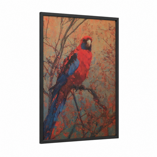 Scarlet Macaw Portrait framed safari parrots print — black wood frame — red and blue palette