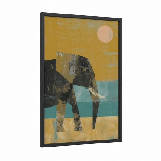 Golden Savanna Elephant framed art print — black wood frame — yellow gold and teal palette