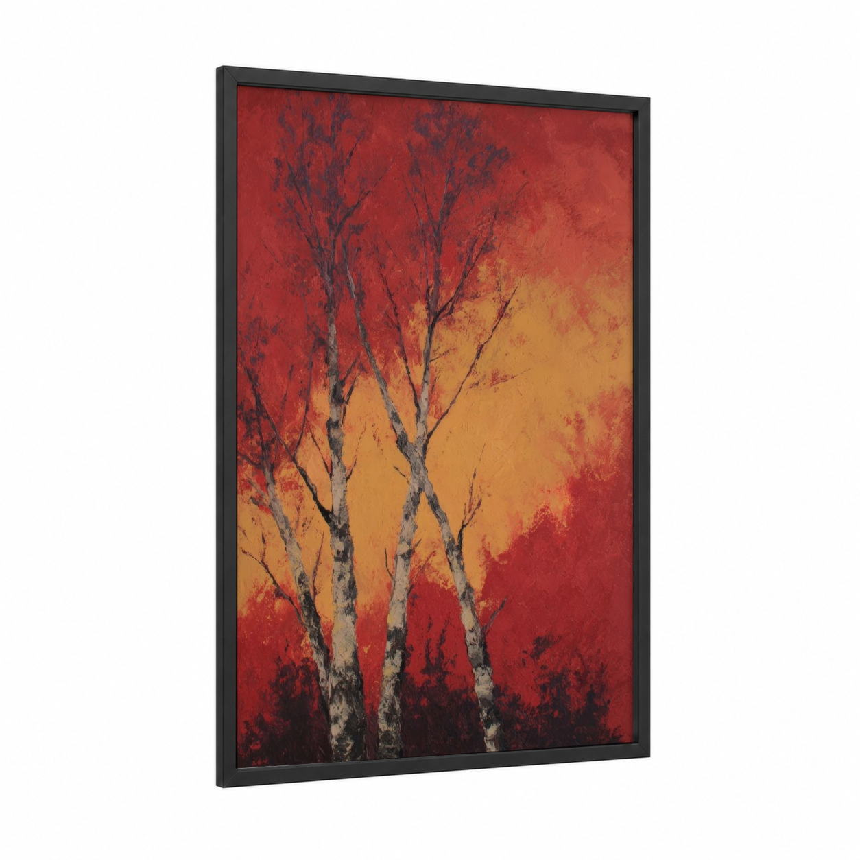 Crimson Birch Sunset framed birch tree print — black wood frame — red and yellow gold palette