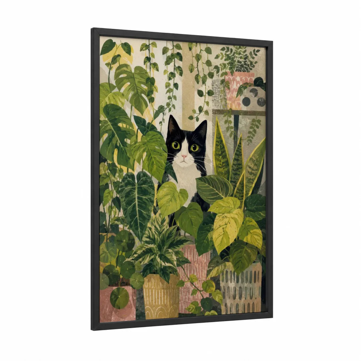 Tuxedo Cat Among Potted Plants Wall Art framed art print — black wood frame — green and beige palette