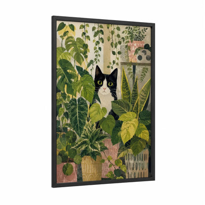 Tuxedo Cat Among Potted Plants Wall Art framed art print — black wood frame — green and beige palette