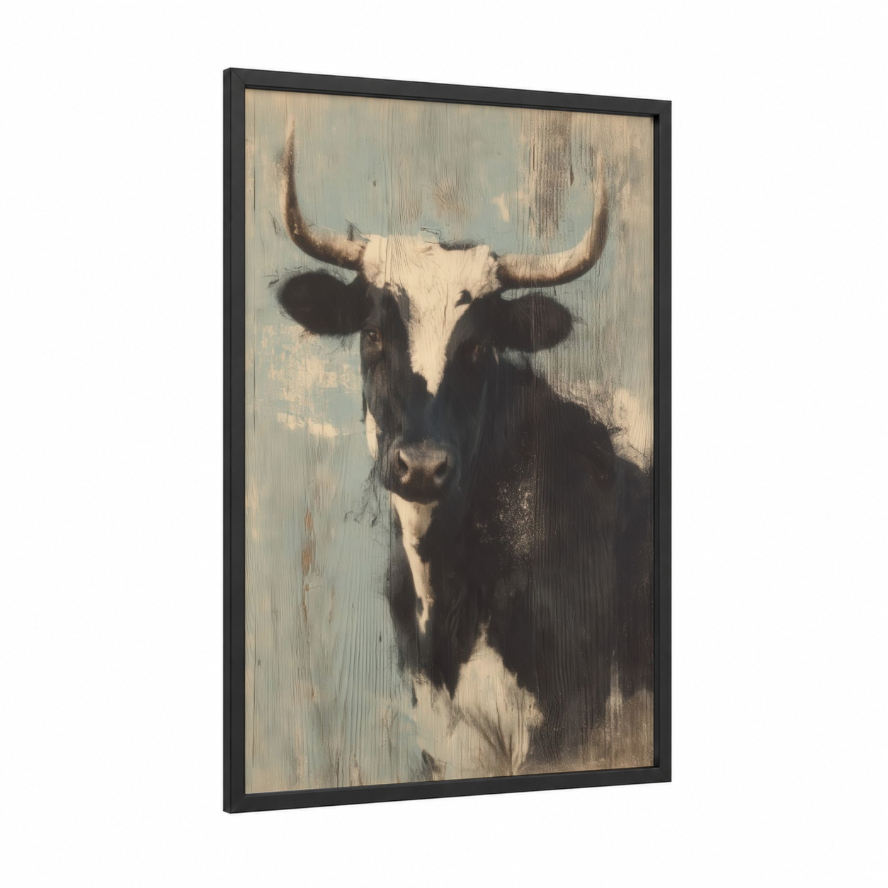 Rustic Longhorn framed longhorn cow print — black wood frame — dove gray and cream palette