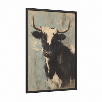 Rustic Longhorn framed longhorn cow print — black wood frame — dove gray and cream palette