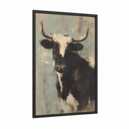 Rustic Longhorn framed longhorn cow print — black wood frame — dove gray and cream palette