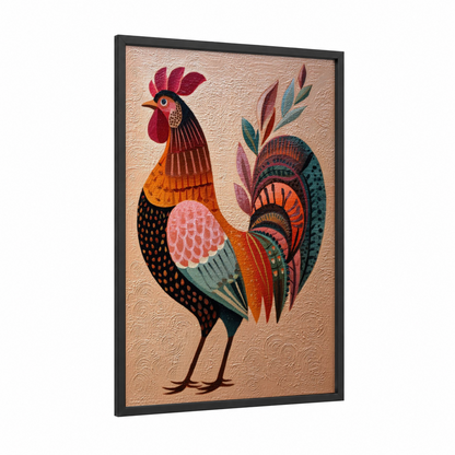 Colorful Rooster framed chicken and roosters print — black wood frame — red and teal palette