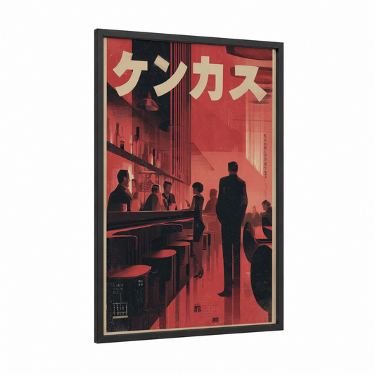 Neon Tokyo Noir framed vintage japanese ads print — black wood frame — red and black palette