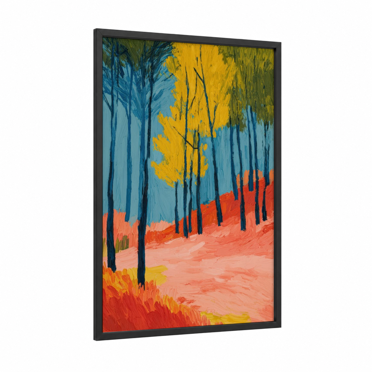 Autumn Willow Forest framed art print — black wood frame — blue and orange palette