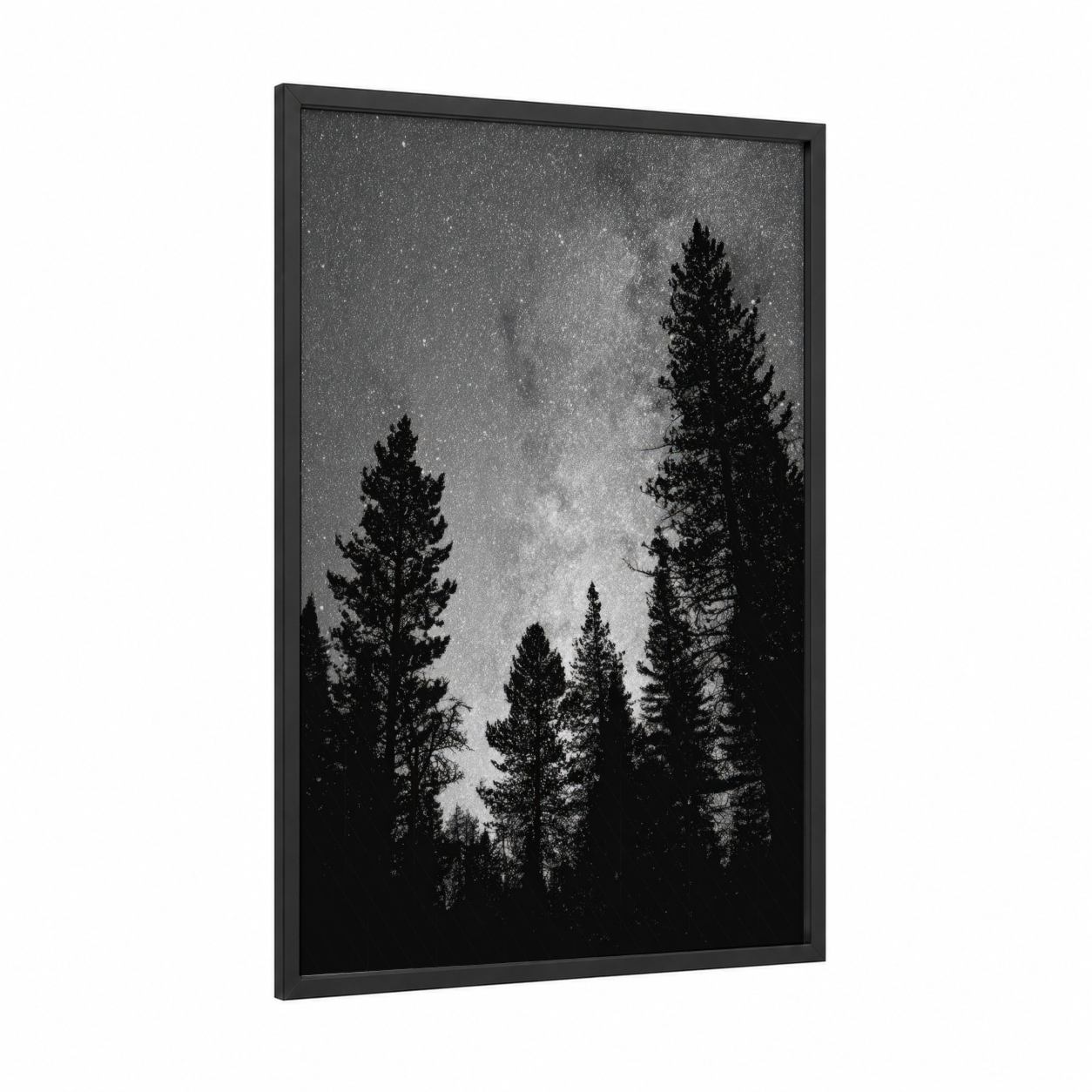Starlit Forest framed night sky print — black wood frame — black and white and gray palette