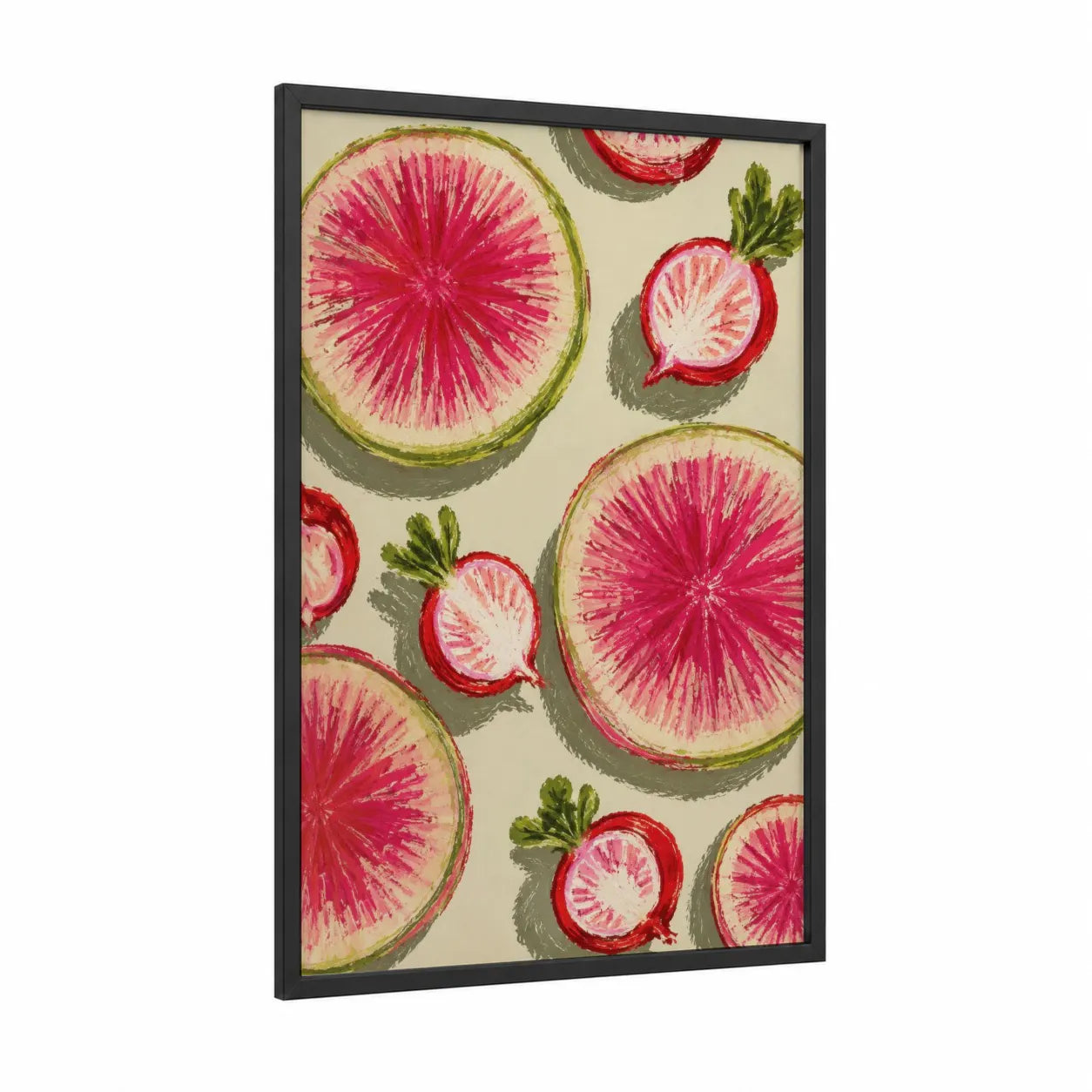 Watermelon Radish Kitchen Wall Art framed vegetable print — black wood frame — pink and green palette
