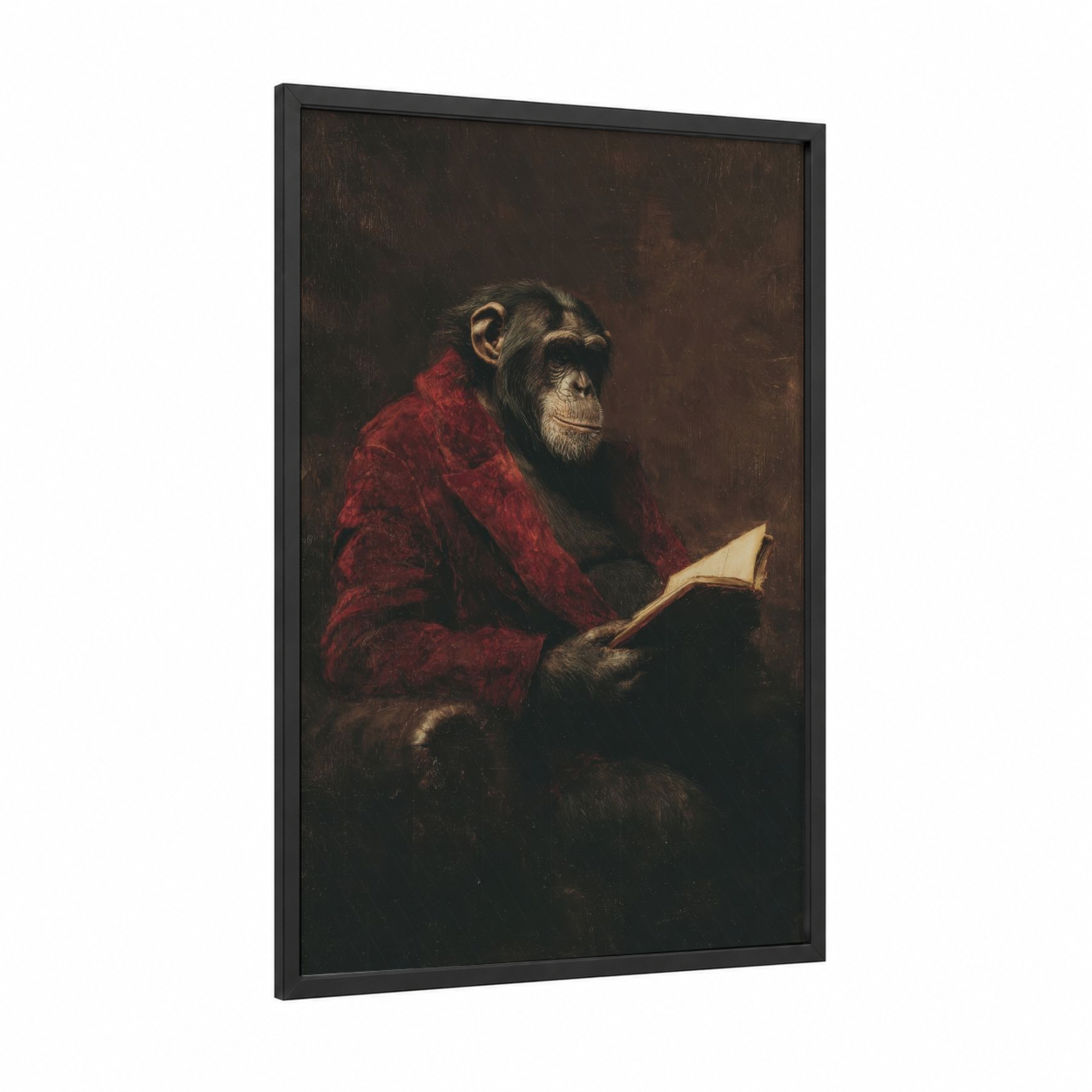 Scholarly Chimpanzee framed art print — black wood frame — maroon and espresso palette