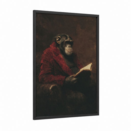 Scholarly Chimpanzee framed art print — black wood frame — maroon and espresso palette