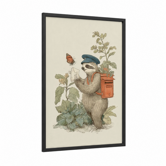 Postman Sloth framed art print — black wood frame — cream and sage green palette