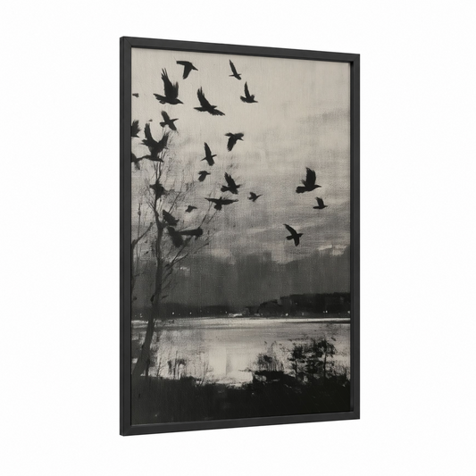 Flight Over Mist framed crows and ravens print — black wood frame — black and white and gray palette