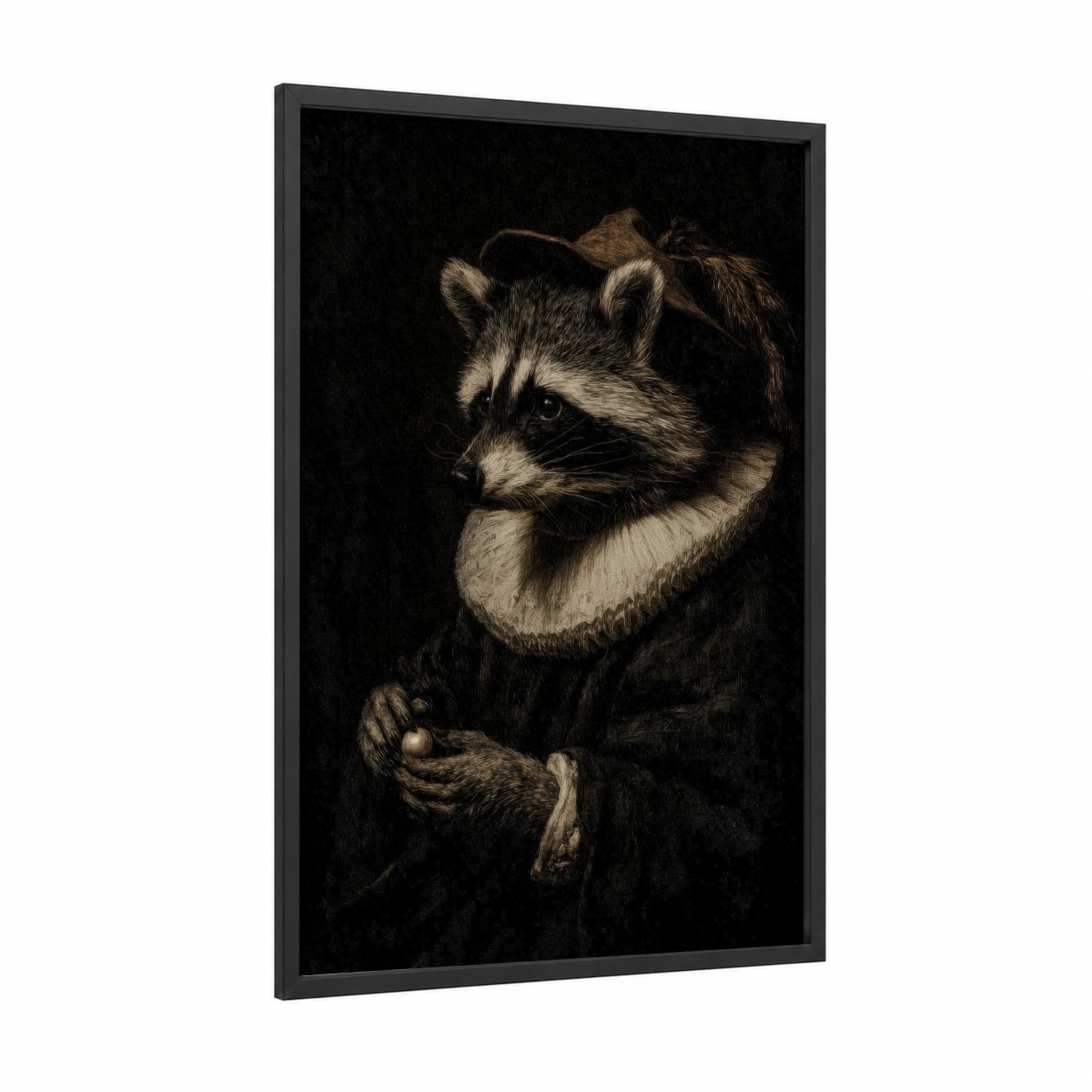 Aristocratic Raccoon framed art print — black wood frame — black and white and russet palette