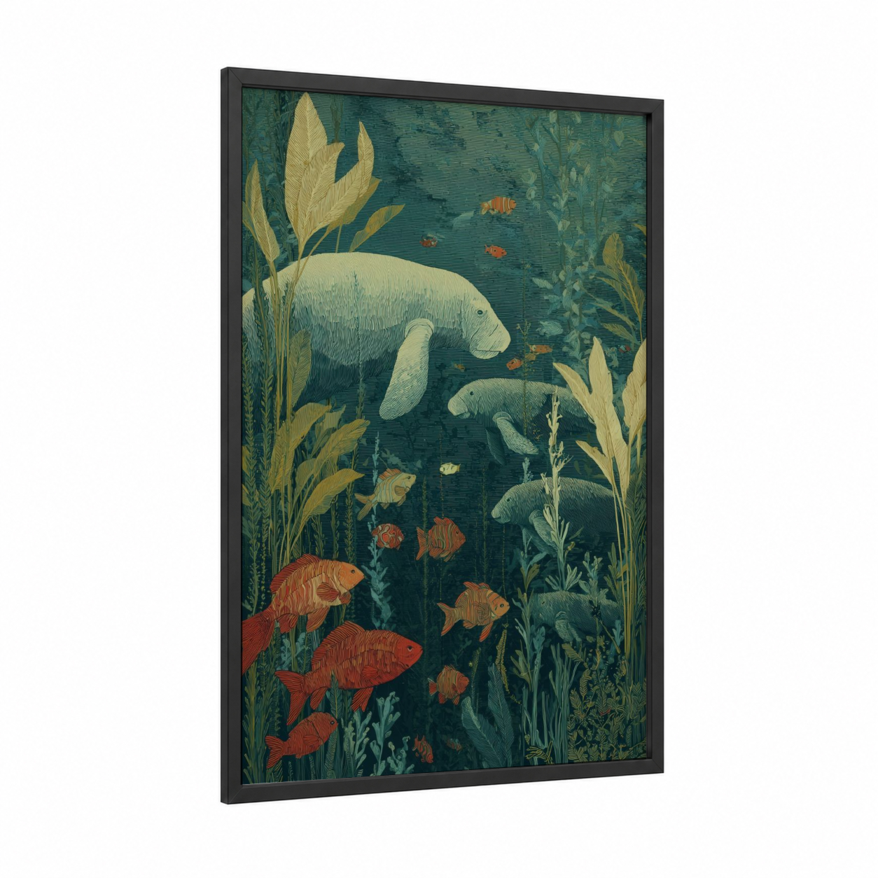 Underwater Manatees framed art print — black wood frame — teal and gold and white palette