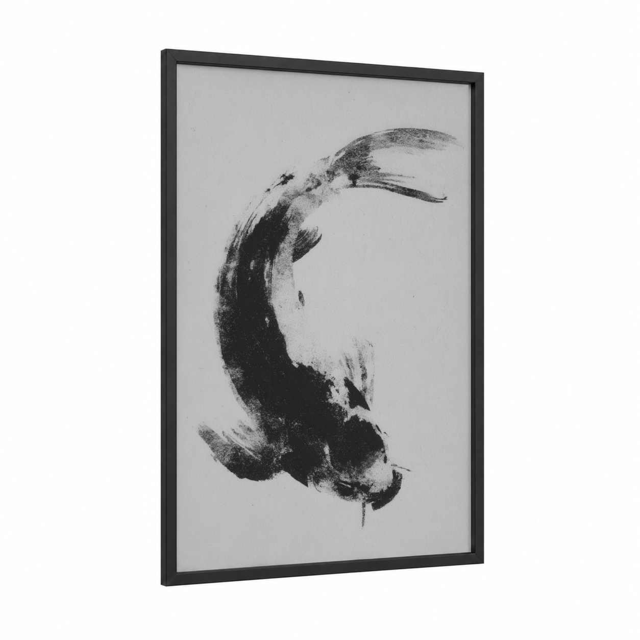 Graceful Koi framed koi fish print — black wood frame — black and white and gray palette
