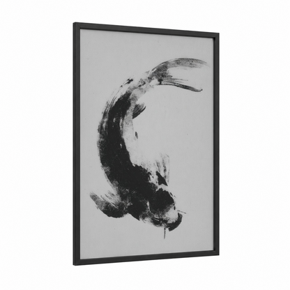 Graceful Koi framed koi fish print — black wood frame — black and white and gray palette