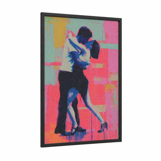 Neon Salsa Dance framed art print — black wood frame — magenta and royal blue palette