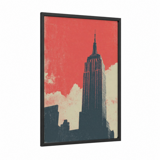 Crimson Skyline framed empire state building print — black wood frame — red and black and white palette