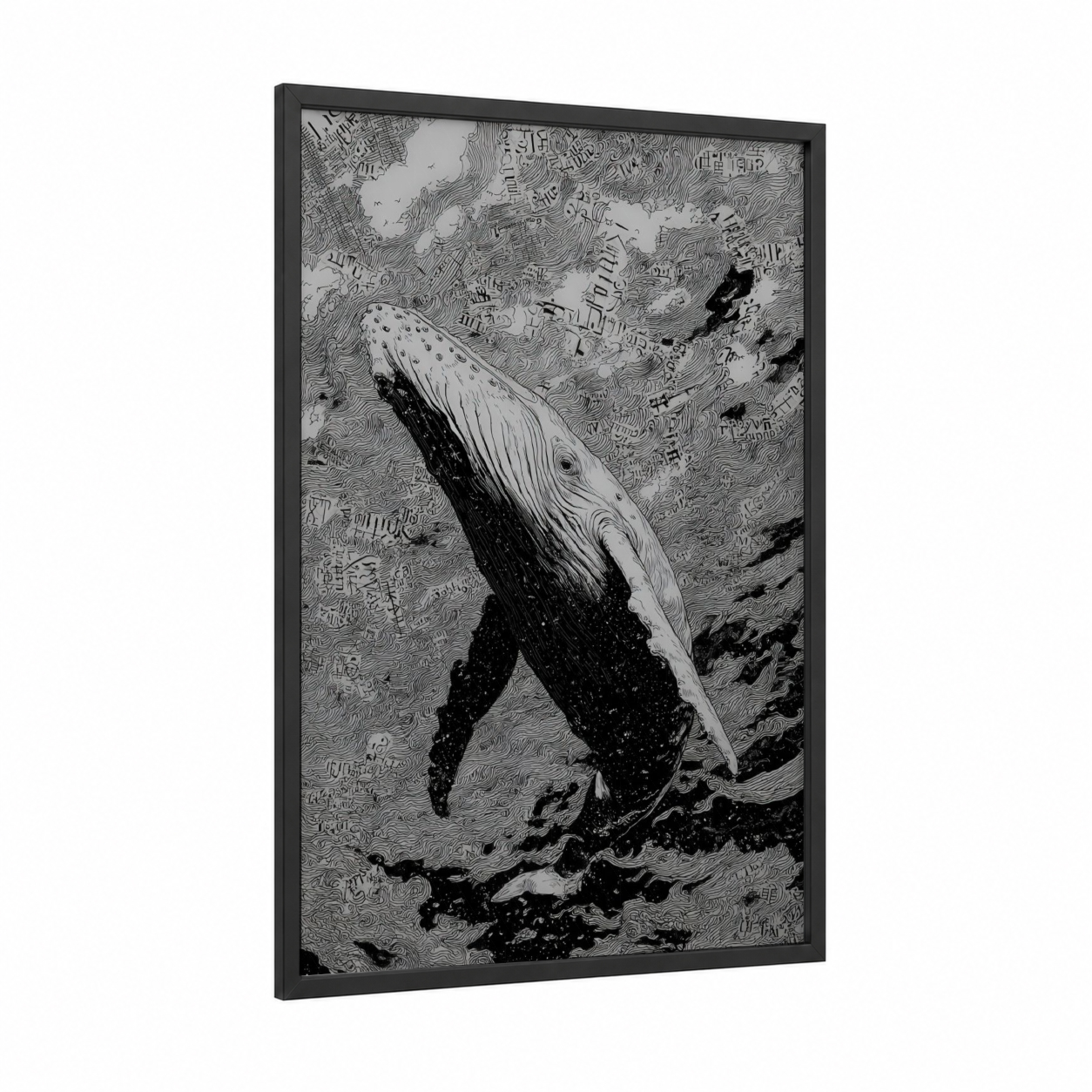 Deep Ocean Whale framed gray whale print — black wood frame — black and white palette