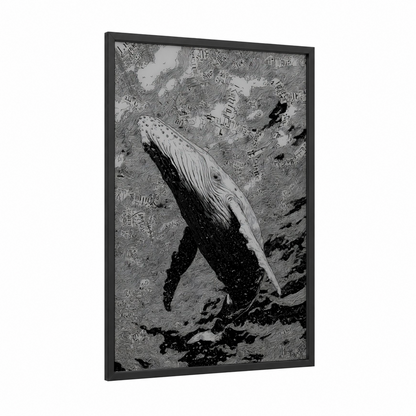 Deep Ocean Whale framed gray whale print — black wood frame — black and white palette